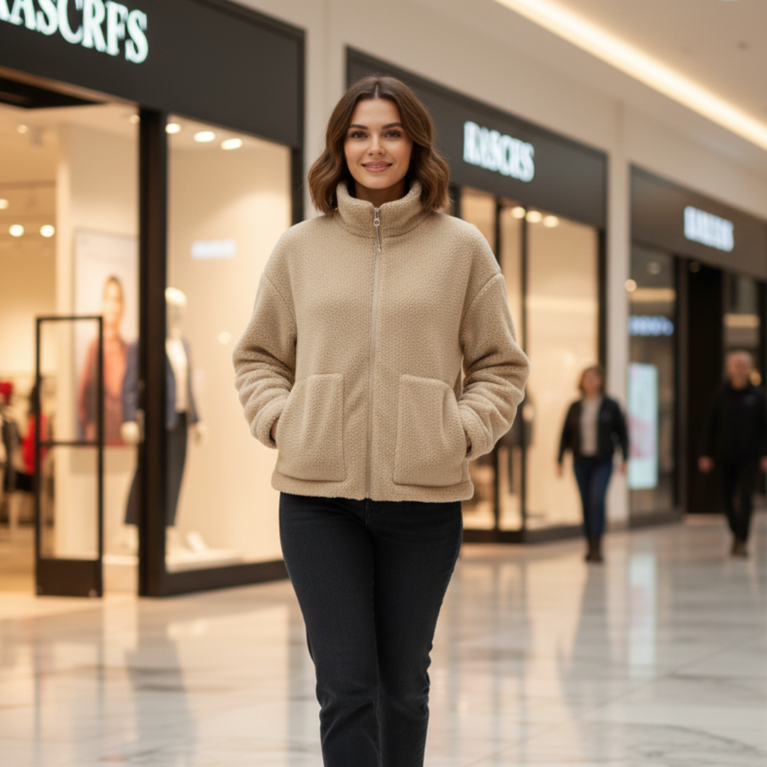 Casual Oversized Women's Lambswool Jacket with Zipper and Stand-Up Collar – Available in Multiple Colors and Sizes 