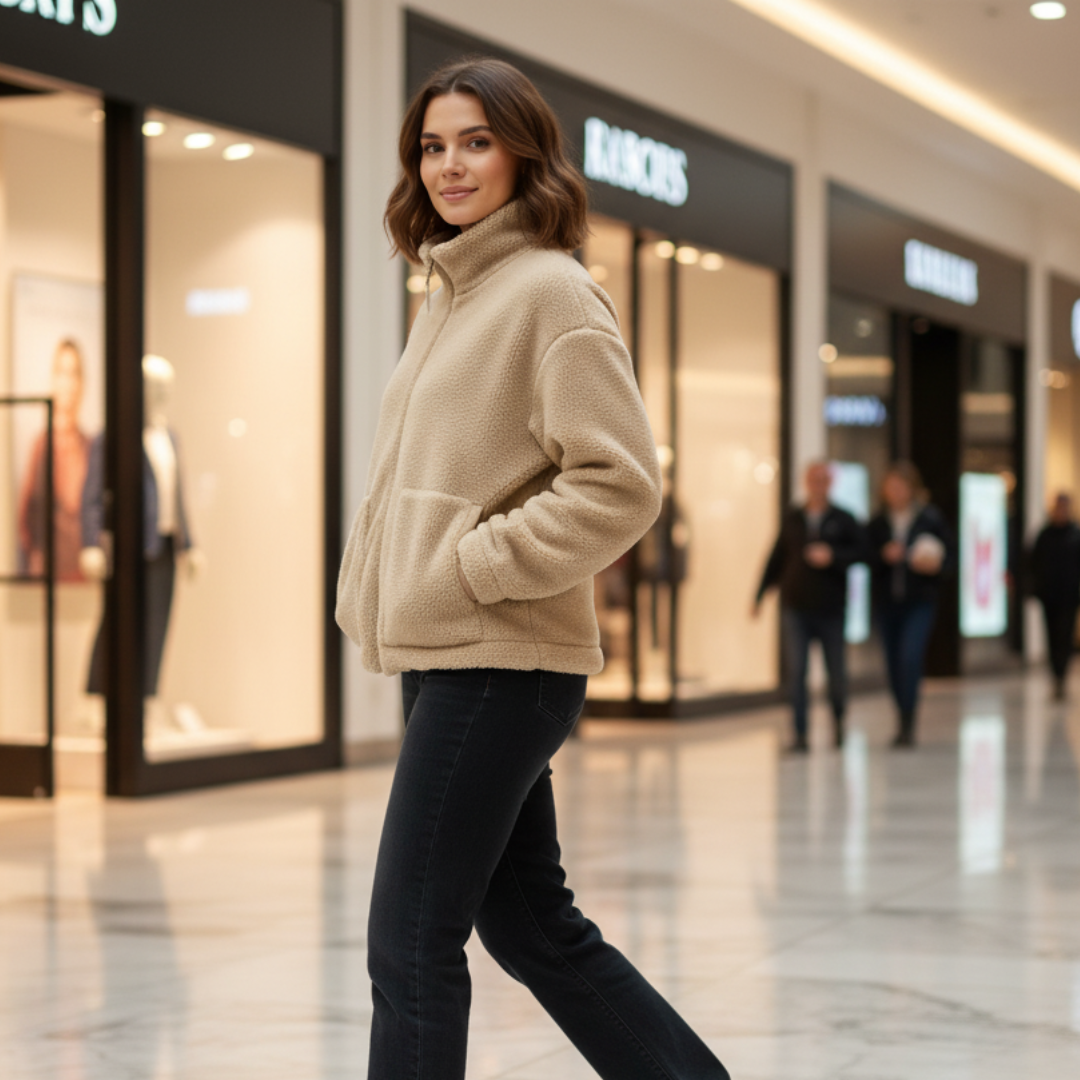 Casual Oversized Women's Lambswool Jacket with Zipper and Stand-Up Collar – Available in Multiple Colors and Sizes 