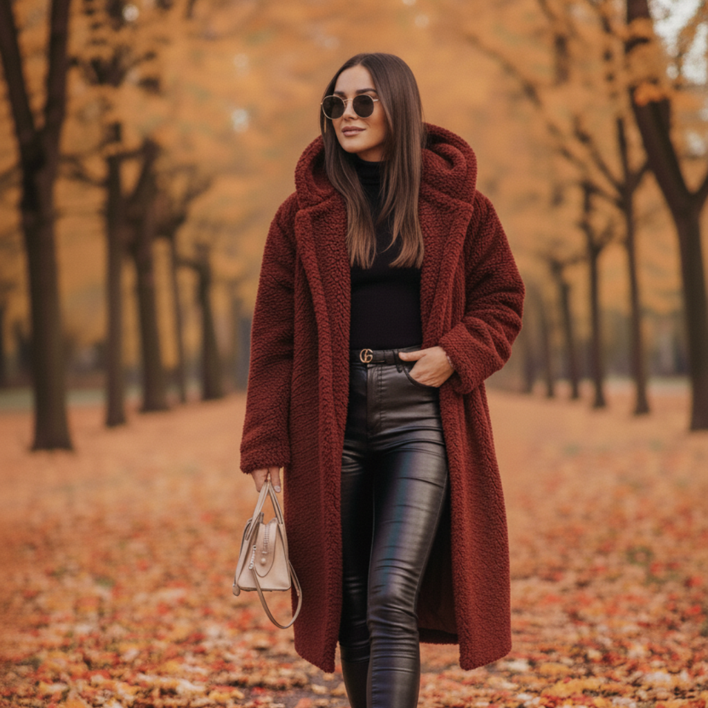 Elegant Long Women's Teddy Coat with Hood – Stylish Autumn Outerwear in High-Quality Fabric 0