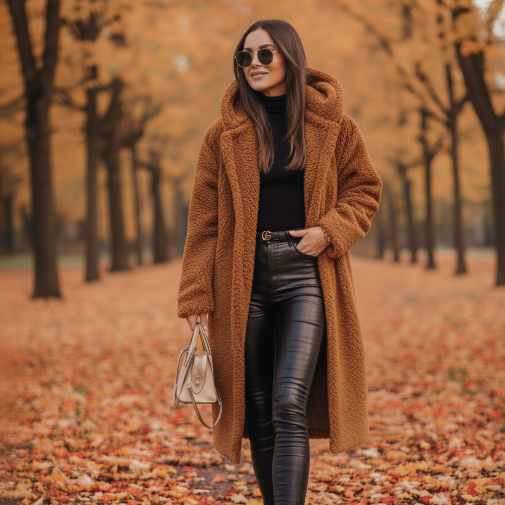 Elegant Long Women's Teddy Coat with Hood – Stylish Autumn Outerwear in High-Quality Fabric 0