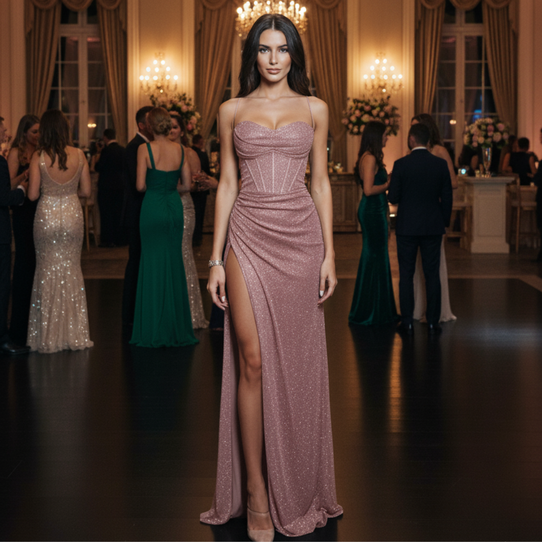 Elegant Maxi Dress with Sequins and Corset Detail – Long Dress for Women, Perfect for Special Occasions 