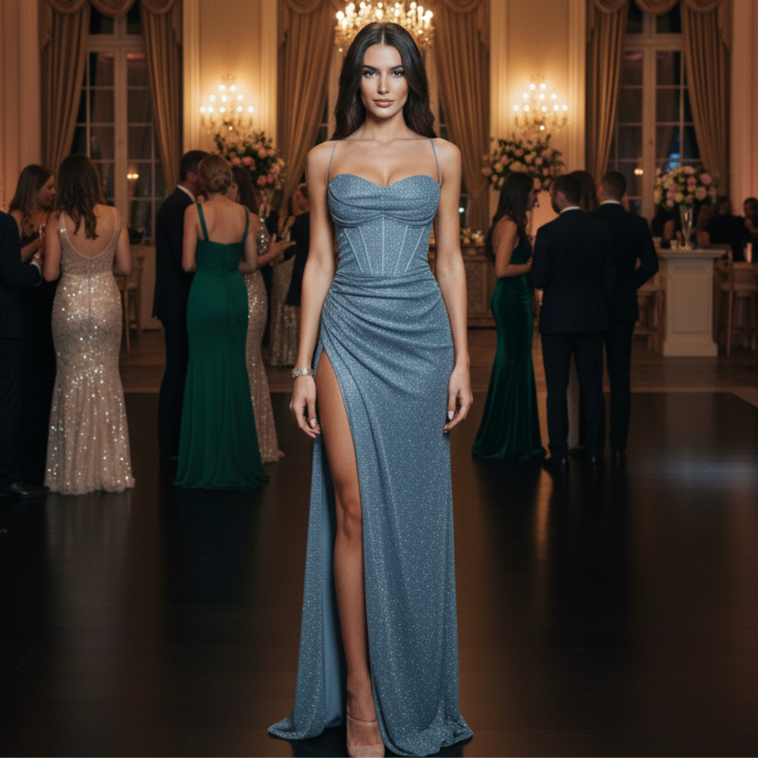 Elegant Maxi Dress with Sequins and Corset Detail – Long Dress for Women, Perfect for Special Occasions 