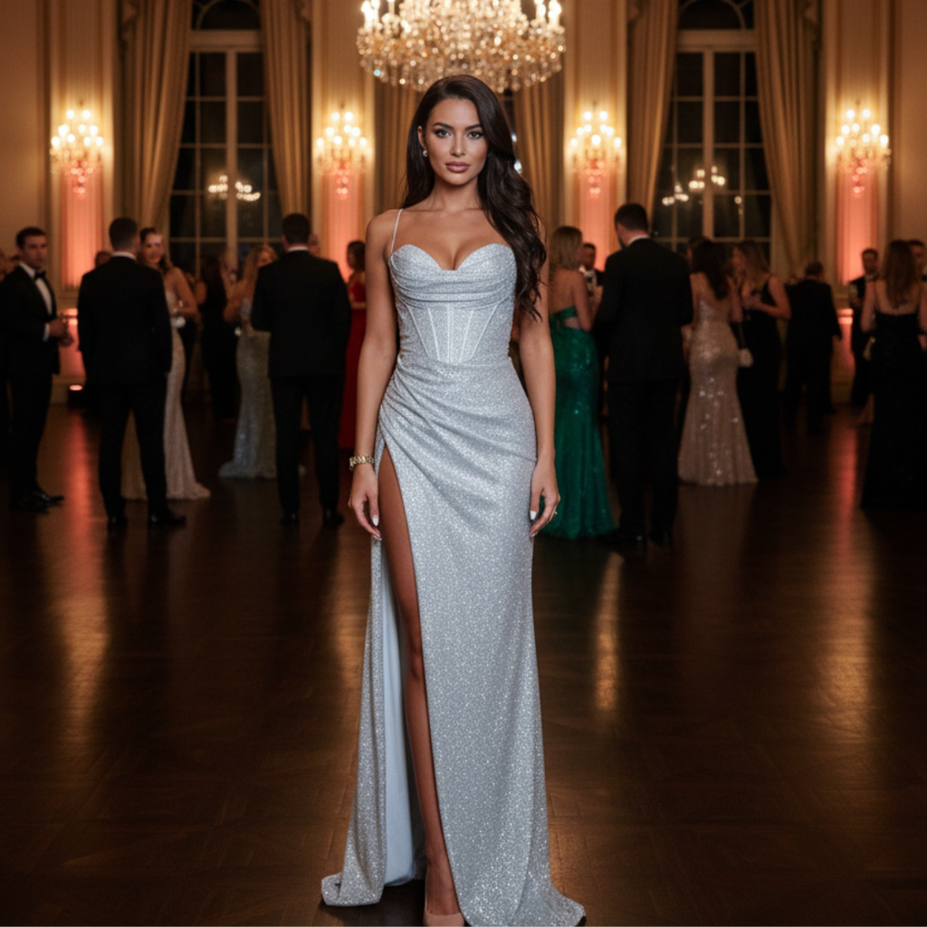 Elegant Maxi Dress with Sequins and Corset Detail – Long Dress for Women, Perfect for Special Occasions 