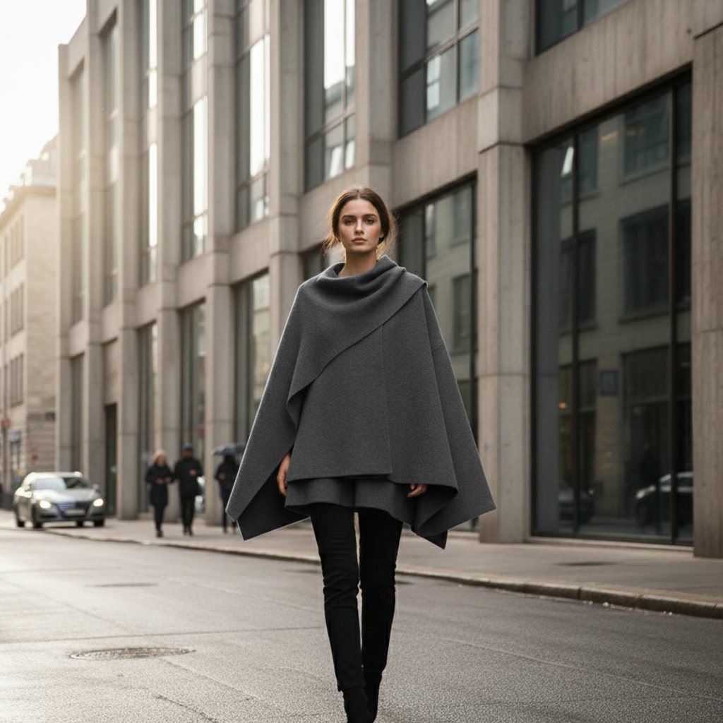 Loose Fit Gray Overcoat with Shawl Collar – Women's Elegant Cape Coat for Casual and Formal Wear 0