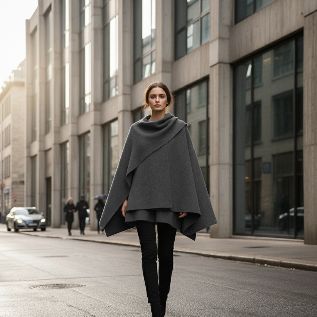 Loose Fit Gray Overcoat with Shawl Collar – Women's Elegant Cape Coat for Casual and Formal Wear 0