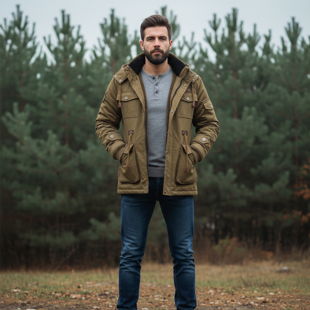 Men's Military Fleece Jacket with Hood and Multiple Pockets – Warm Winter Coat for Outdoor Activities 