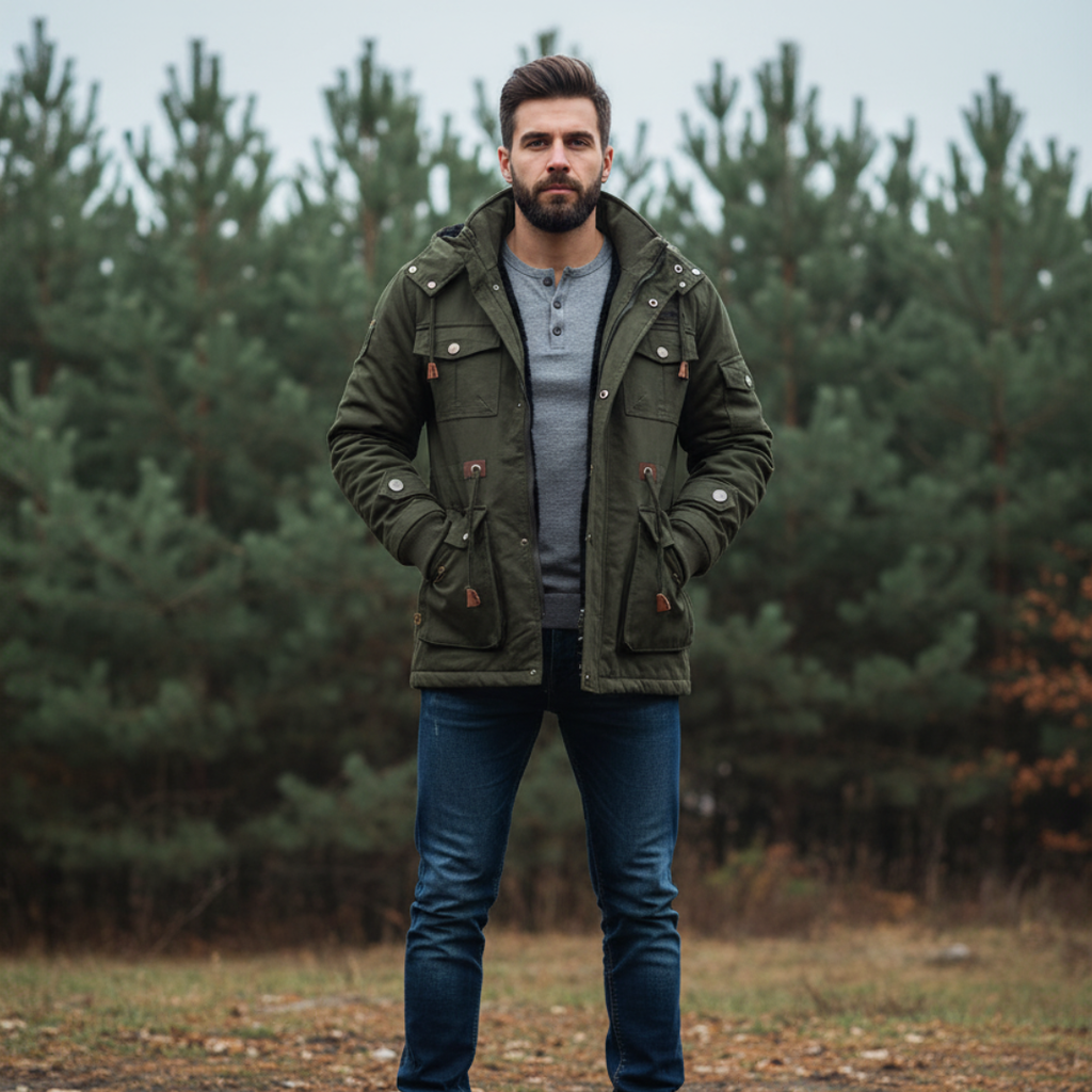 Men's Military Fleece Jacket with Hood and Multiple Pockets – Warm Winter Coat for Outdoor Activities 