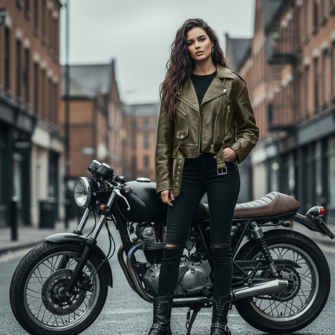 Modern Short Biker Jacket for Women – Cropped Leather Jacket with Zipper Accents, Stylish Outerwear in Black and Green, Sizes XS-2XL 0