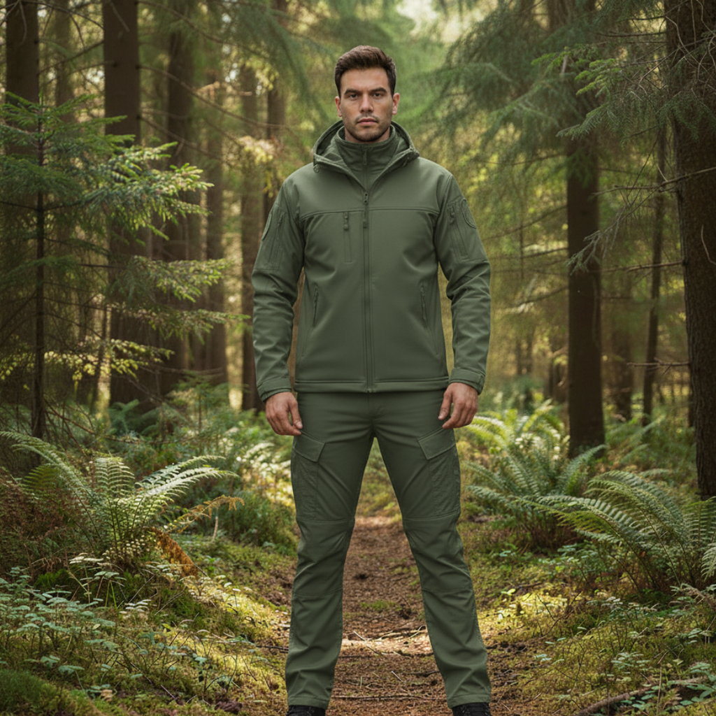 Tactical Windproof Outdoor Jacket and Trousers Set for Hiking and Climbing – Waterproof, Adjustable Hood, High Collar 0