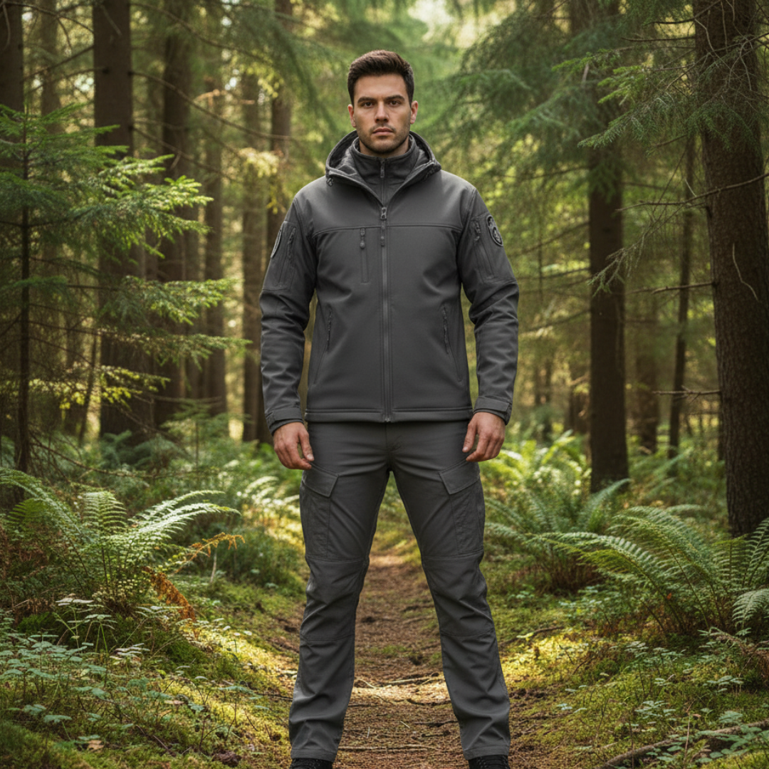 Tactical Windproof Outdoor Jacket and Trousers Set for Hiking and Climbing – Waterproof, Adjustable Hood, High Collar 0