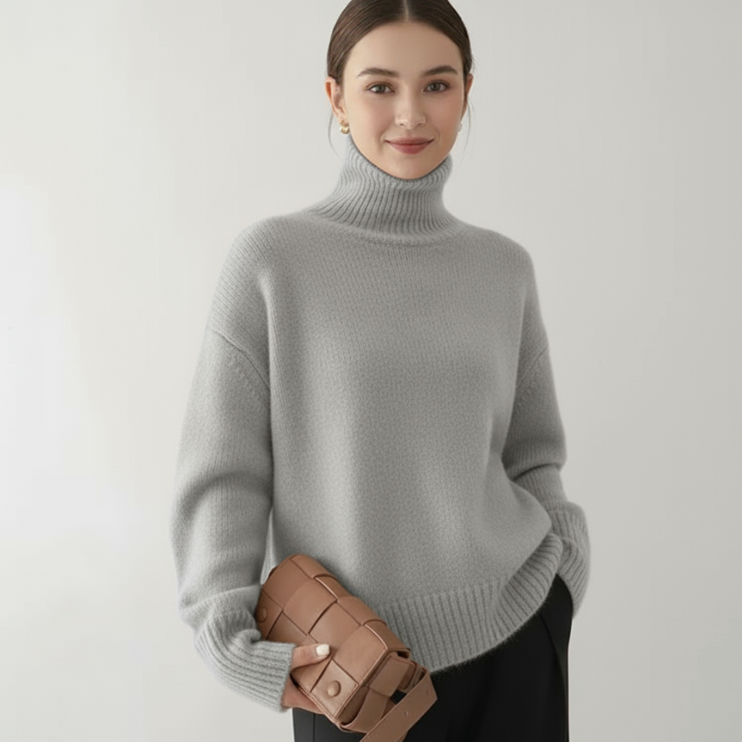 Women's Gray Turtleneck Sweater – Soft Polyester Blend for Comfort and Versatile Styling 0